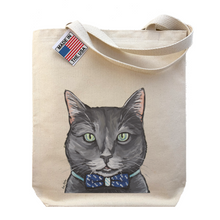 Load image into Gallery viewer, Grey Cat Tote Bag, Cat Tote Bag, Smokey with Bowtie Cat
