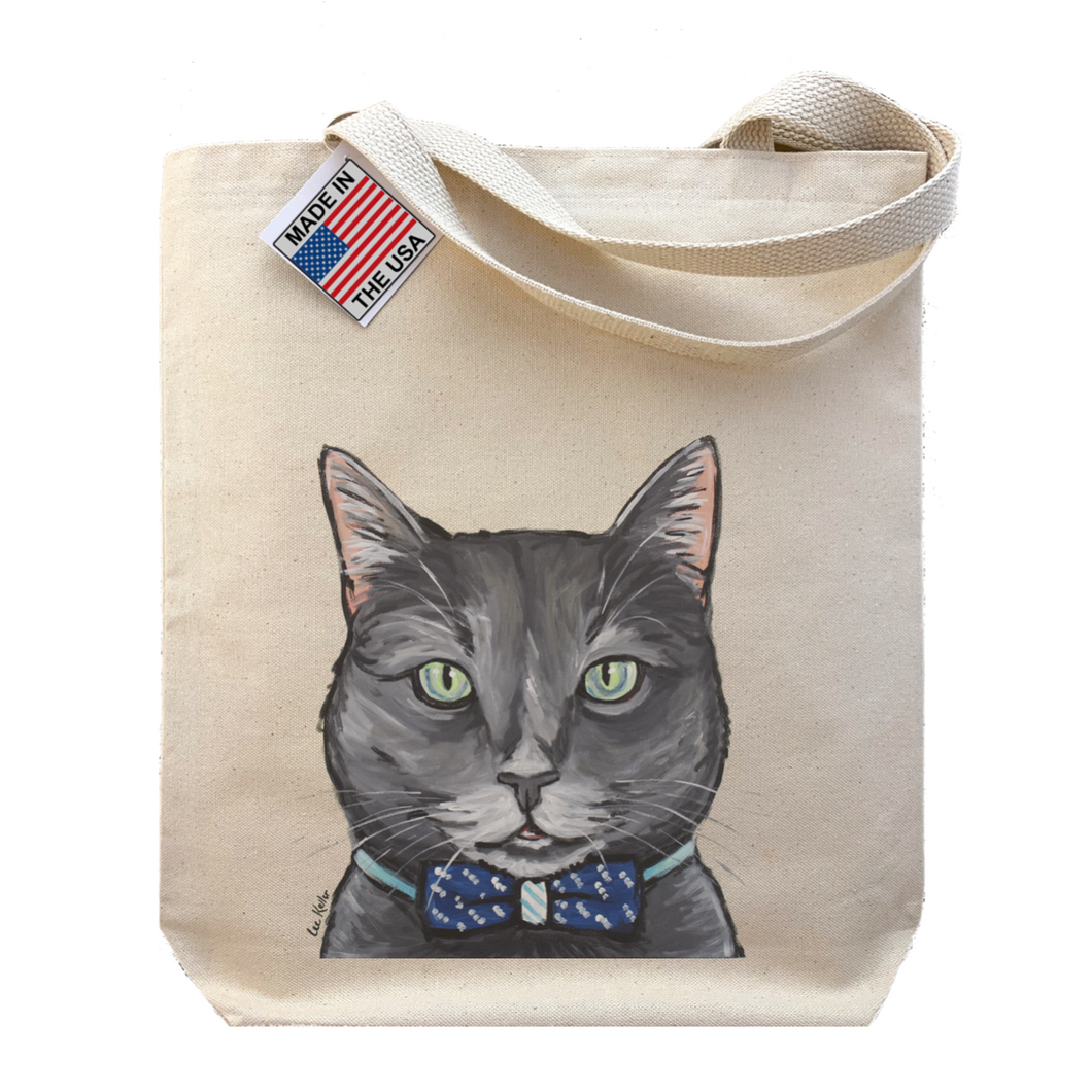 Grey Cat Tote Bag, Cat Tote Bag, Smokey with Bowtie Cat