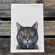 Load image into Gallery viewer, Grey Cat Towel, Farmhouse Kitchen Decor, Smokey with Bowtie Cat