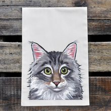 Load image into Gallery viewer, Grey & White Cat Towel, Farmhouse Kitchen Decor, Grey & White Fluffy Cat