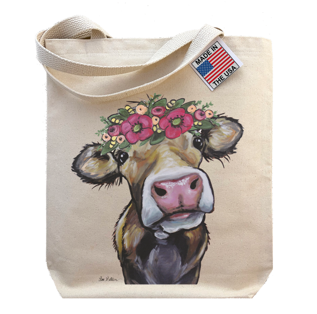 Cow Tote Bag, 'Hazel' Cute Cow with Flower Crown