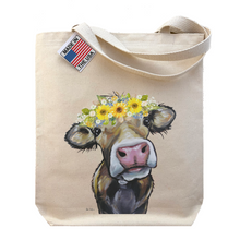 Load image into Gallery viewer, Cow Tote Bag, Sunflower Cow Flower Crown Tote