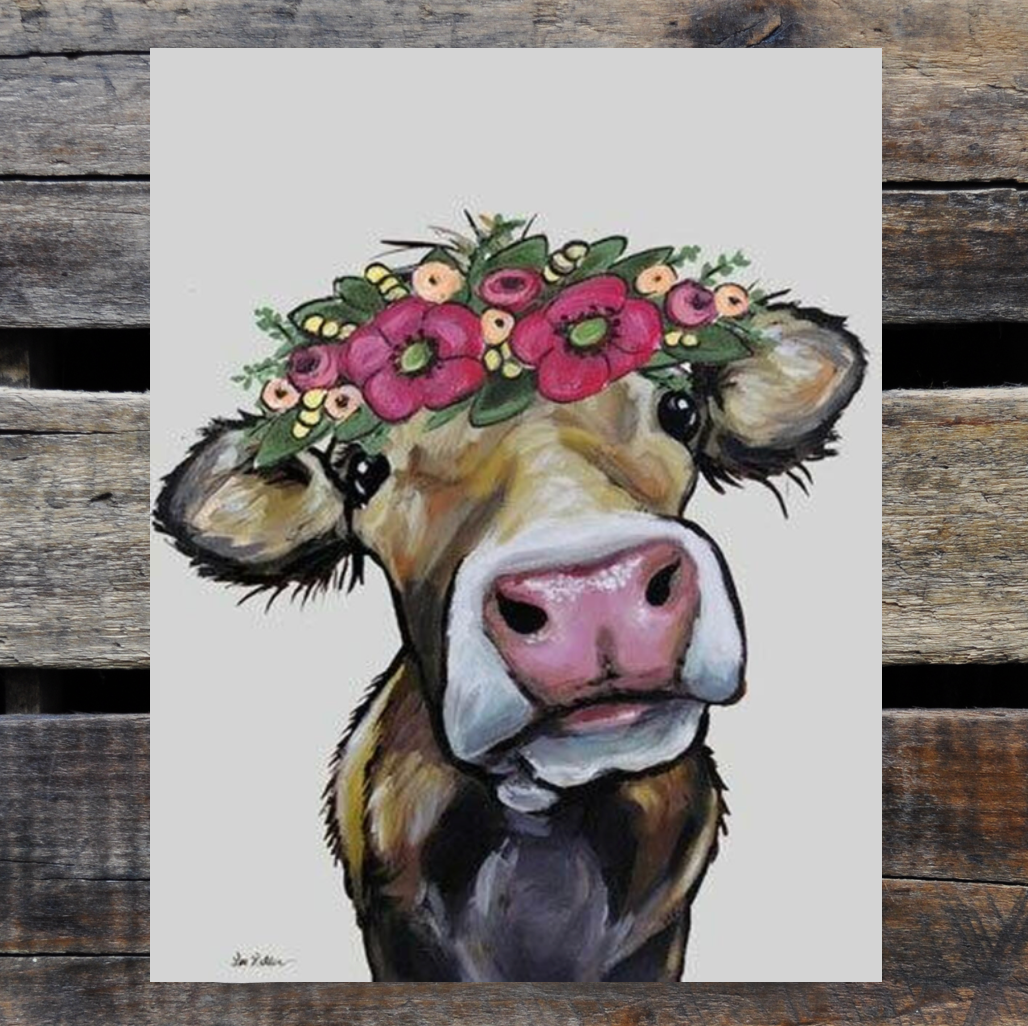 Metal Sign,  Cow Tin Sign, 'Hazel' Cow with Flower Crown, Farmhouse Decor