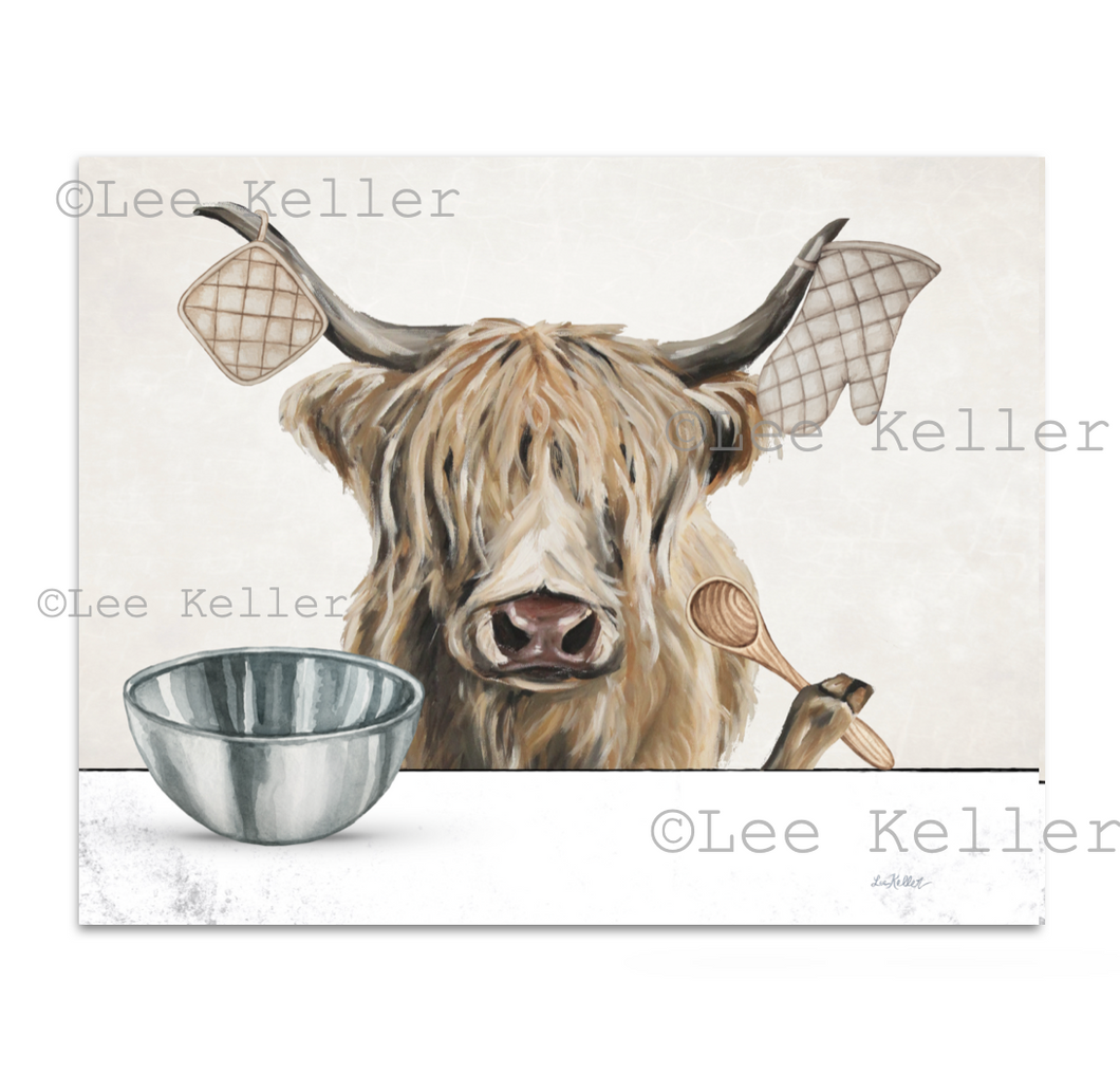 Highland Cow Kitchen Art, Highland Cow with Baking Supplies, Highland Cow Art Print