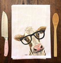 Load image into Gallery viewer, Glasses Cow Towel 'Miss Moo Moo', Farmhouse Kitchen Decor
