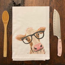 Load image into Gallery viewer, Glasses Cow Towel 'Miss Moo Moo', Farmhouse Kitchen Decor