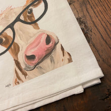 Load image into Gallery viewer, Glasses Cow Towel 'Miss Moo Moo', Farmhouse Kitchen Decor