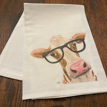 Load image into Gallery viewer, Glasses Cow Towel 'Miss Moo Moo', Farmhouse Kitchen Decor