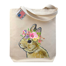 Load image into Gallery viewer, Spring Flowers Brown Bunny Tote Bag, Rabbit Tote Bag