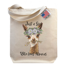Load image into Gallery viewer, Alpaca Tote Bag,  Alpaca Lover Gift,  Just A Girl Who Loves Alpacas Tote,