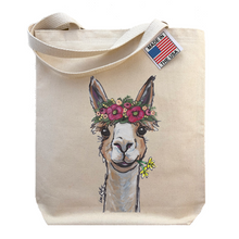 Load image into Gallery viewer, Alpaca Tote Bag, Cute Alpaca on tote bag, 'Lycoming' with Flowers