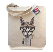 Load image into Gallery viewer, Alpaca Tote Bag,  Alpaca Lover Gift, Cute Alpaca with Glasses, 'Lycoming'