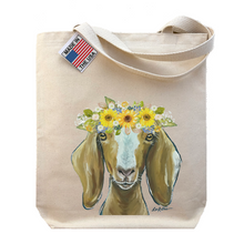 Load image into Gallery viewer, Goat Tote Bag, Sunflower Goat Flower Crown Tote
