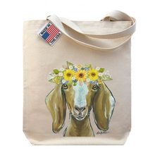 Load image into Gallery viewer, Goat Tote Bag, Sunflower Goat Flower Crown Tote