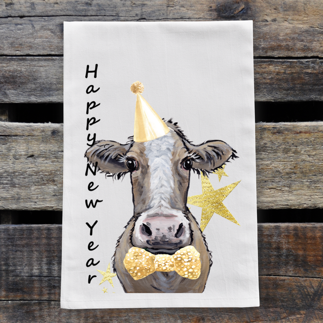 Cow Happy New Year Towel, 'Maizie'