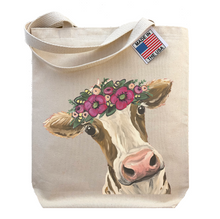 Load image into Gallery viewer, Cow Tote Bag, 'Miss Moo Moo' Cow with Flower crown tote