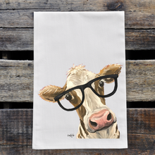 Load image into Gallery viewer, Glasses Cow Towel 'Miss Moo Moo', Farmhouse Kitchen Decor