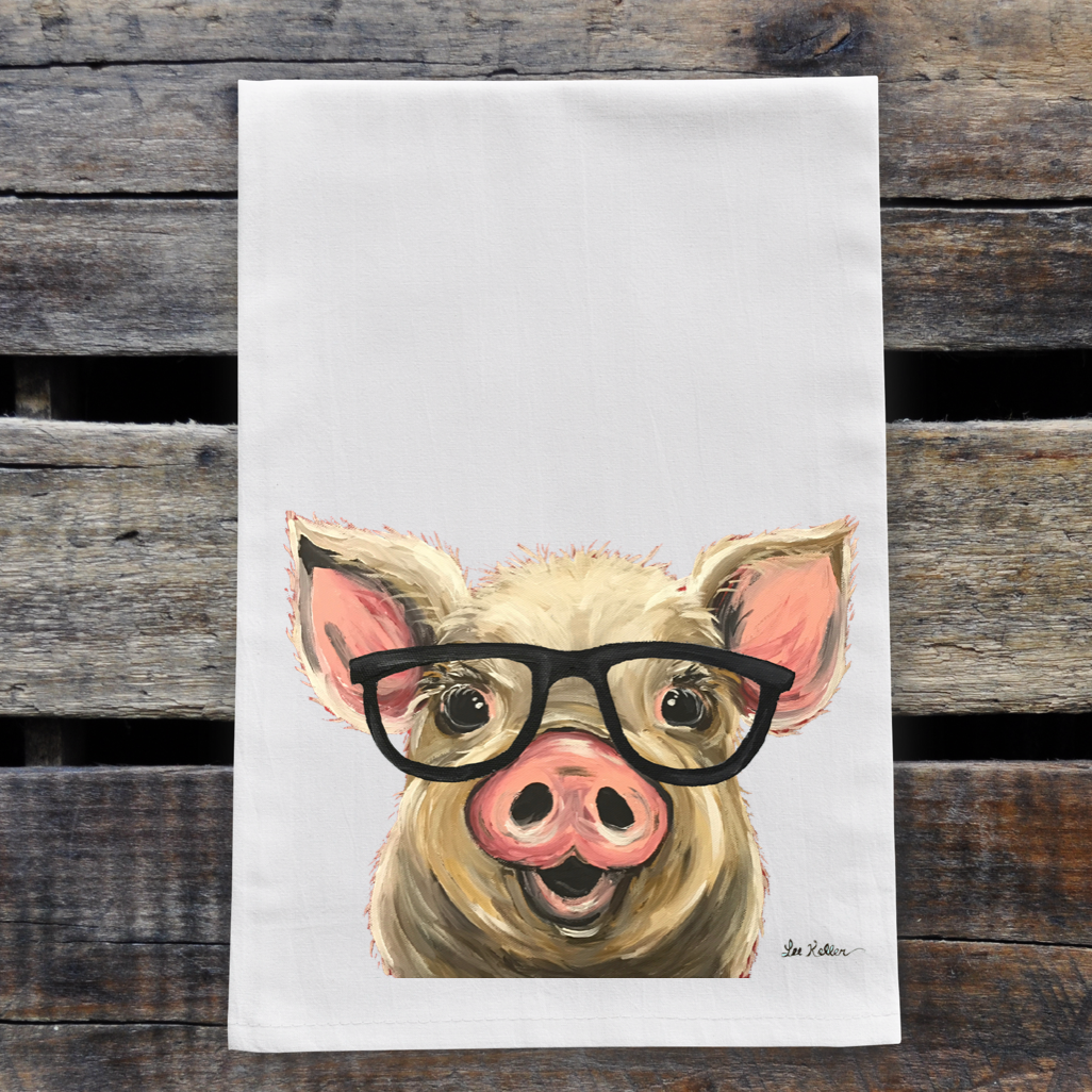 Glasses Pig Towel 'Posey', Farmhouse Kitchen Decor