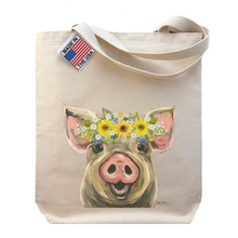 Load image into Gallery viewer, Pig Tote Bag, Sunflower Pig Flower Crown Tote
