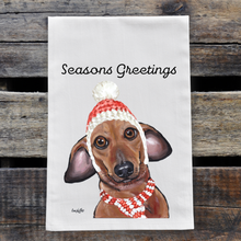 Load image into Gallery viewer, Christmas Dog Towel, 'Seasons Greetings' Christmas Dachshund Towel