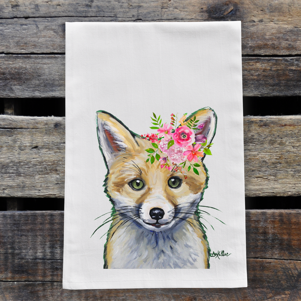 Spring Flowers Fox Towel, Farmhouse Kitchen Decor – Hippie Hound Studios -  Featuring Art by Lee Keller