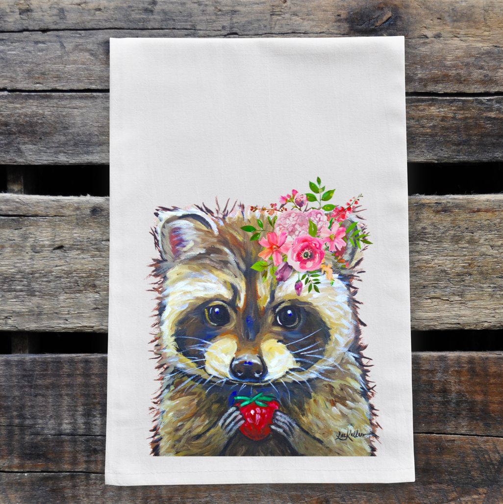 Spring Flowers Raccoon Towel, Farmhouse Kitchen Decor