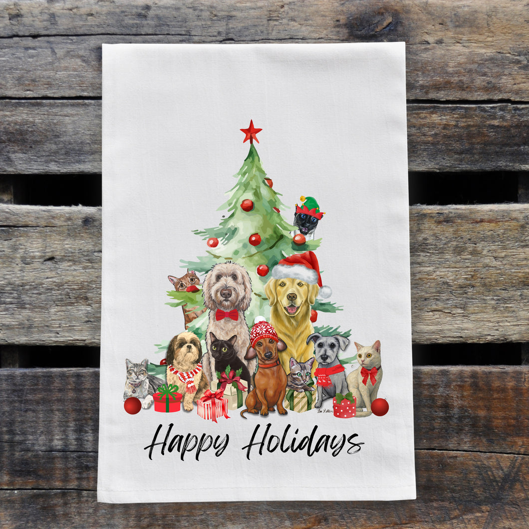 Christmas Dogs and Cats Tea Towel - Dogs and Cats Under Christmas Tree