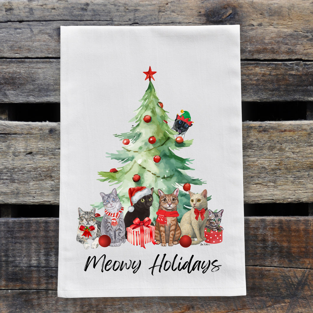 Christmas Cat Tea Towel - Cats Under Christmas Tree Holiday Cat Towel