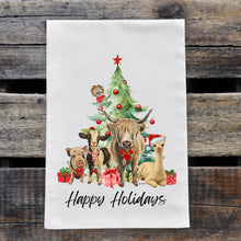 Load image into Gallery viewer, Farm Animal Christmas Towel - Farm Animals Under Christmas Tree - Holiday Farm Animal Decor
