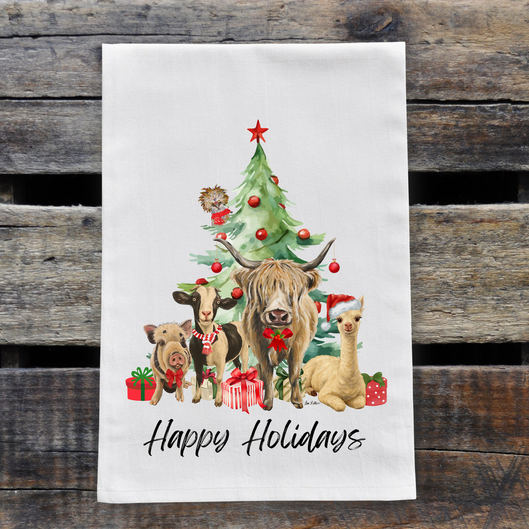 Farm Animal Christmas Towel - Farm Animals Under Christmas Tree - Holiday Farm Animal Decor