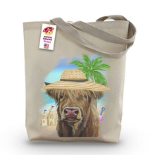 Load image into Gallery viewer, Beach Tote Bag, &#39;Fergus&#39;, Summer Highland Cow Tote Bag
