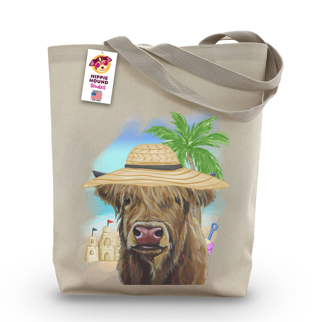 Beach Tote Bag, 'Fergus', Summer Highland Cow Tote Bag