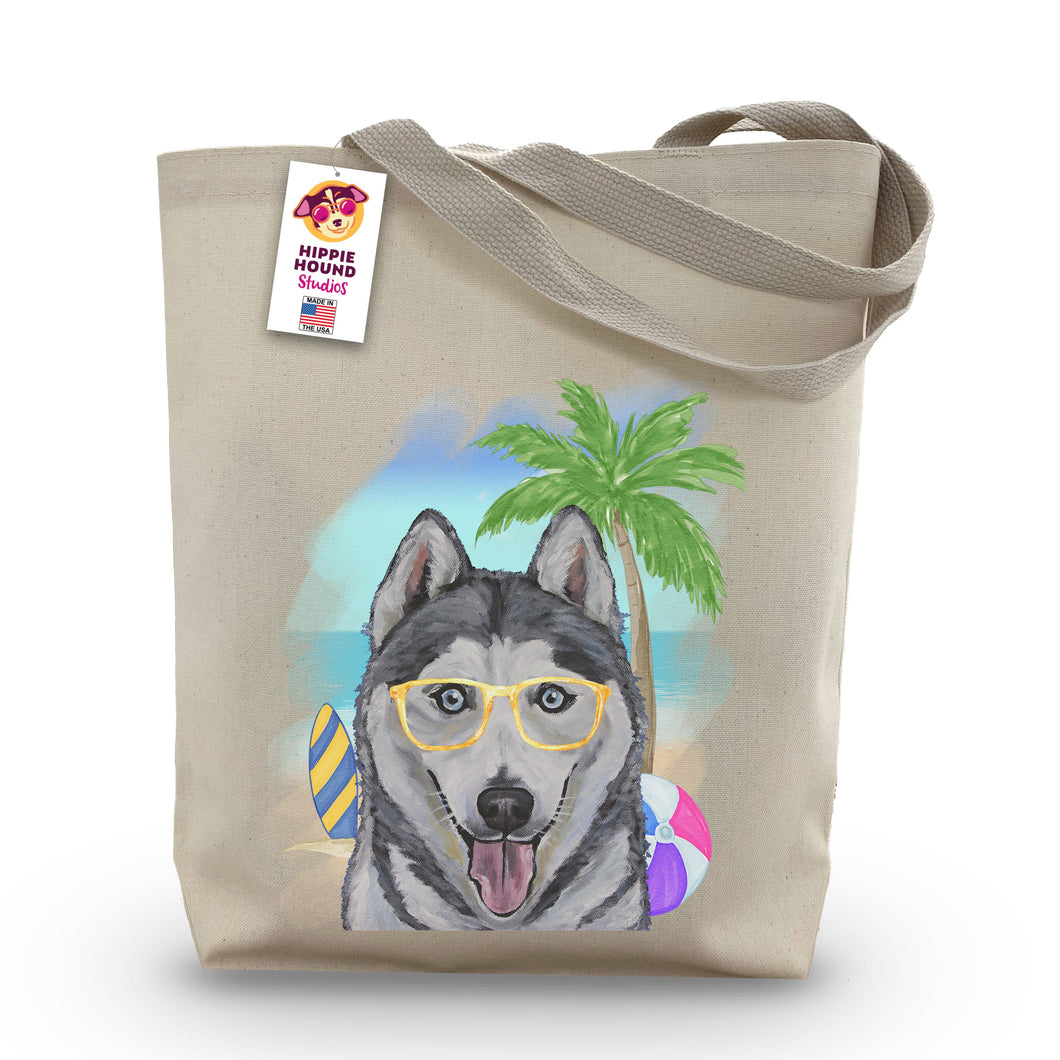 Beach Tote Bag, 'Husky', Summer Dog Tote Bag