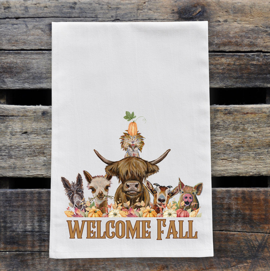 Welcome Fall Farm Animal Tea Towel - Fall Farm Animals Kitchen Towel