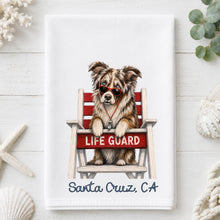 Load image into Gallery viewer, Coastal Aussie Tea Towel - Australian Shepherd Kitchen Towel Option to Personalize
