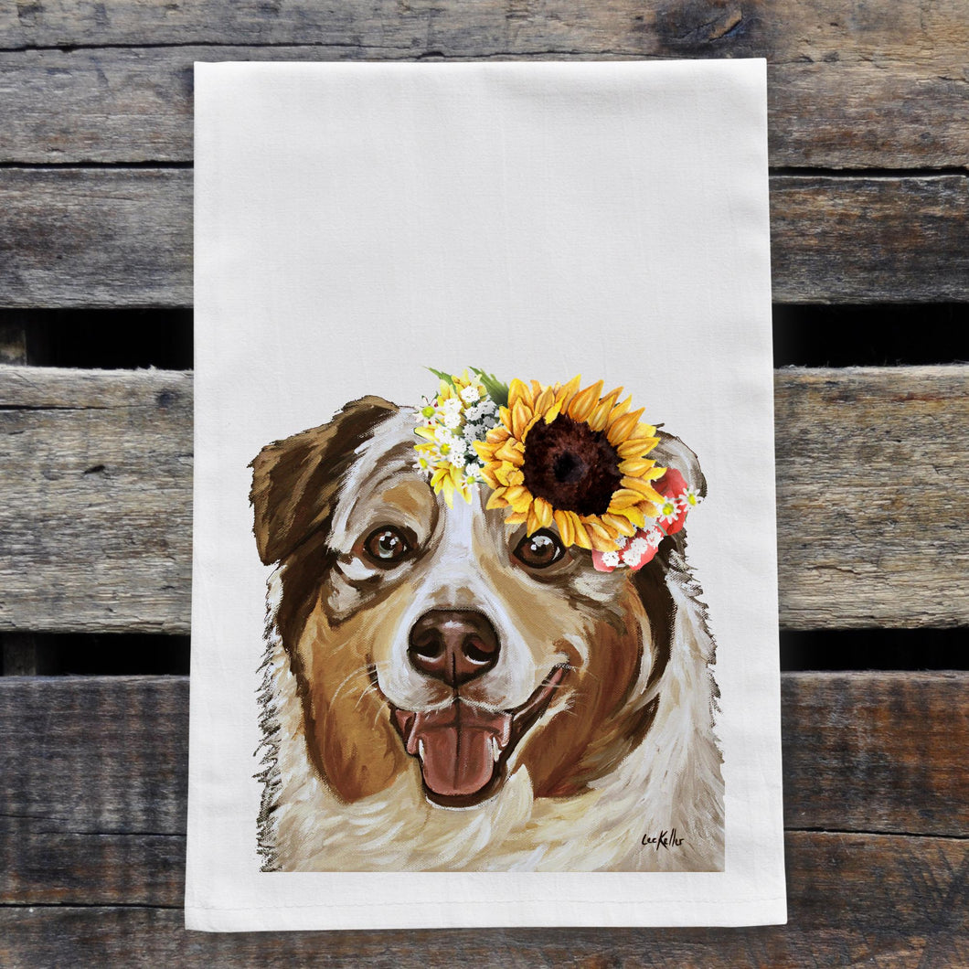 Sunflower Dog Towel 'Australian Shepherd', Fall Dog Towel