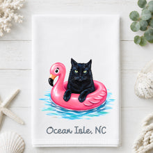 Load image into Gallery viewer, Coastal Black Cat Tea Towel - Cat Kitchen Towel - Option to Personalize
