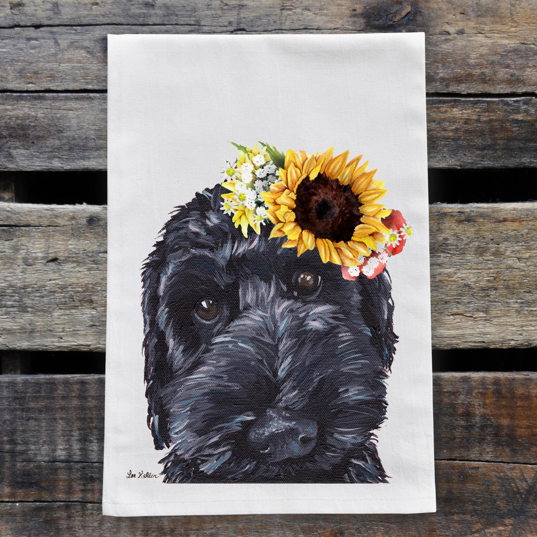 Sunflower Dog Towel 'Black Doodle', Fall Dog Towel