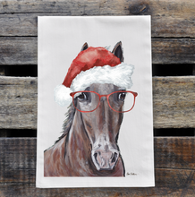 Load image into Gallery viewer, Horse Christmas Towel, &#39;Brown Horse with Santa Hat&#39;, Christmas Horse Decor
