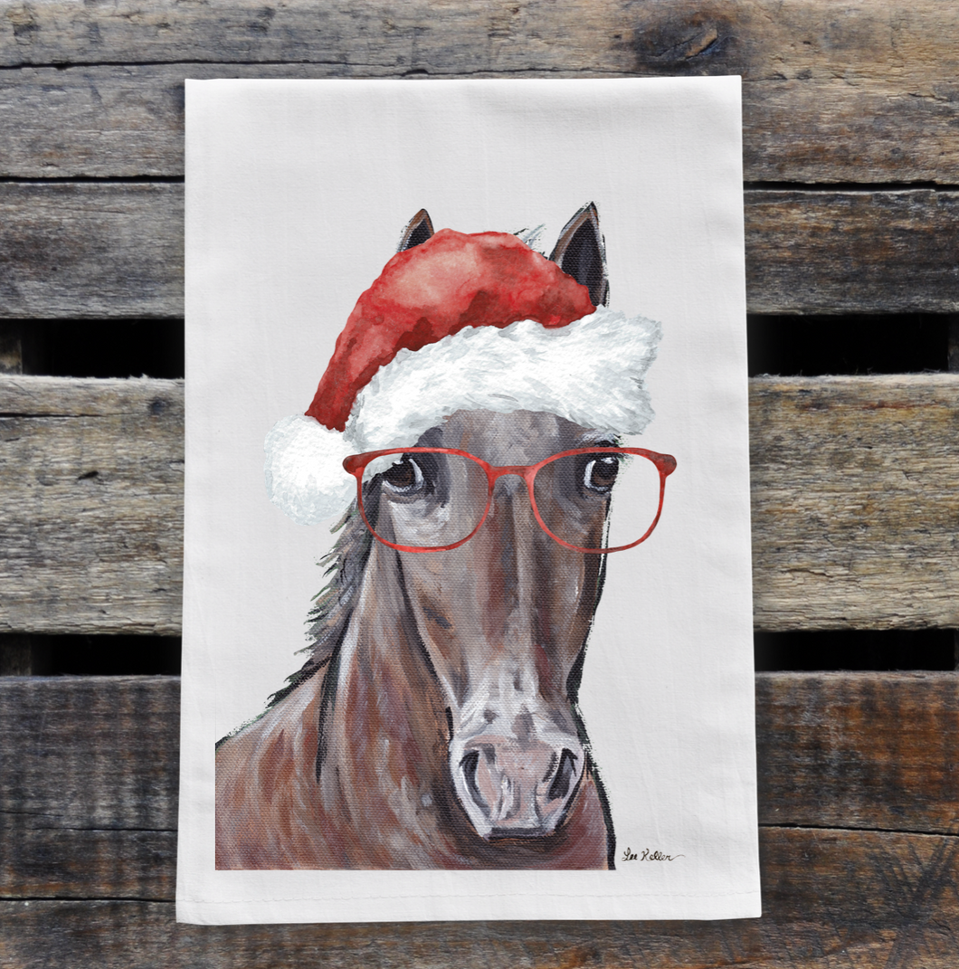 Horse Christmas Towel, 'Brown Horse with Santa Hat', Christmas Horse Decor