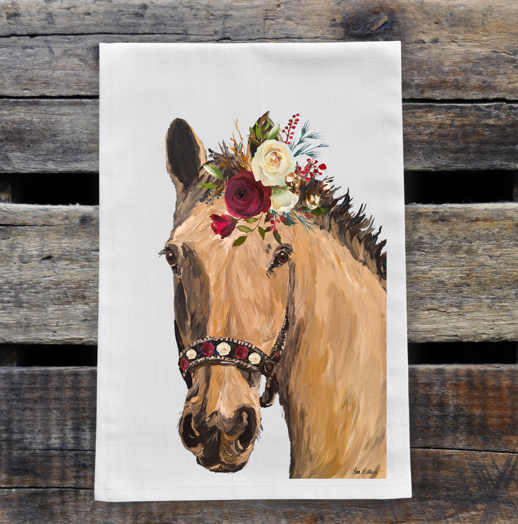 Horse Christmas Towel, 'Tan Horse with Christmas Flowers', Christmas Horse Decor