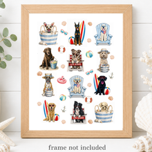 Load image into Gallery viewer, Beach Dogs Art Print - Coastal Dog Art Print - Collage - Surf Boards / Baskets
