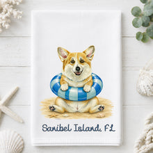 Load image into Gallery viewer, Coastal Corgi Tea Towel - Welsh Corgi Kitchen Towel - Option to Personalize
