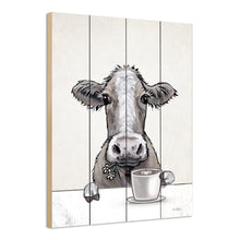 Load image into Gallery viewer, Pallet Wood Cow Sign, Cow with Coffee, Farmhouse Cow Decor, Wood Wall Art
