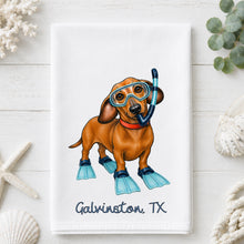 Load image into Gallery viewer, Coastal Dachshund Tea Towel - Dachshund Kitchen Towel - Option to Personalize
