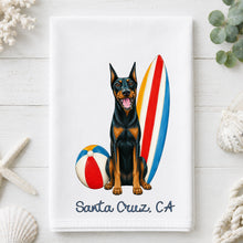 Load image into Gallery viewer, Coastal Doberman Tea Towel - Doberman Kitchen Towel - Option to Personalize
