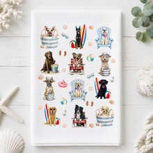 Load image into Gallery viewer, Coastal Dogs Tea Towel - Beach Dog Kitchen Towel -  Surf Boards/ Baskets
