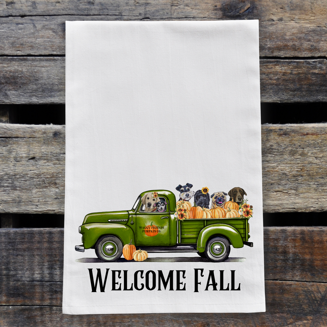Dogs Fall Towel, 'Green Farm Truck'