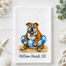 Load image into Gallery viewer, Coastal English Bulldog Tea Towel - Bulldog Kitchen Towel - Option to Personalize

