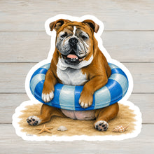 Load image into Gallery viewer, English Bulldog Vinyl Sticker - 4" Coastal Dog Stickers - Beach Themed
